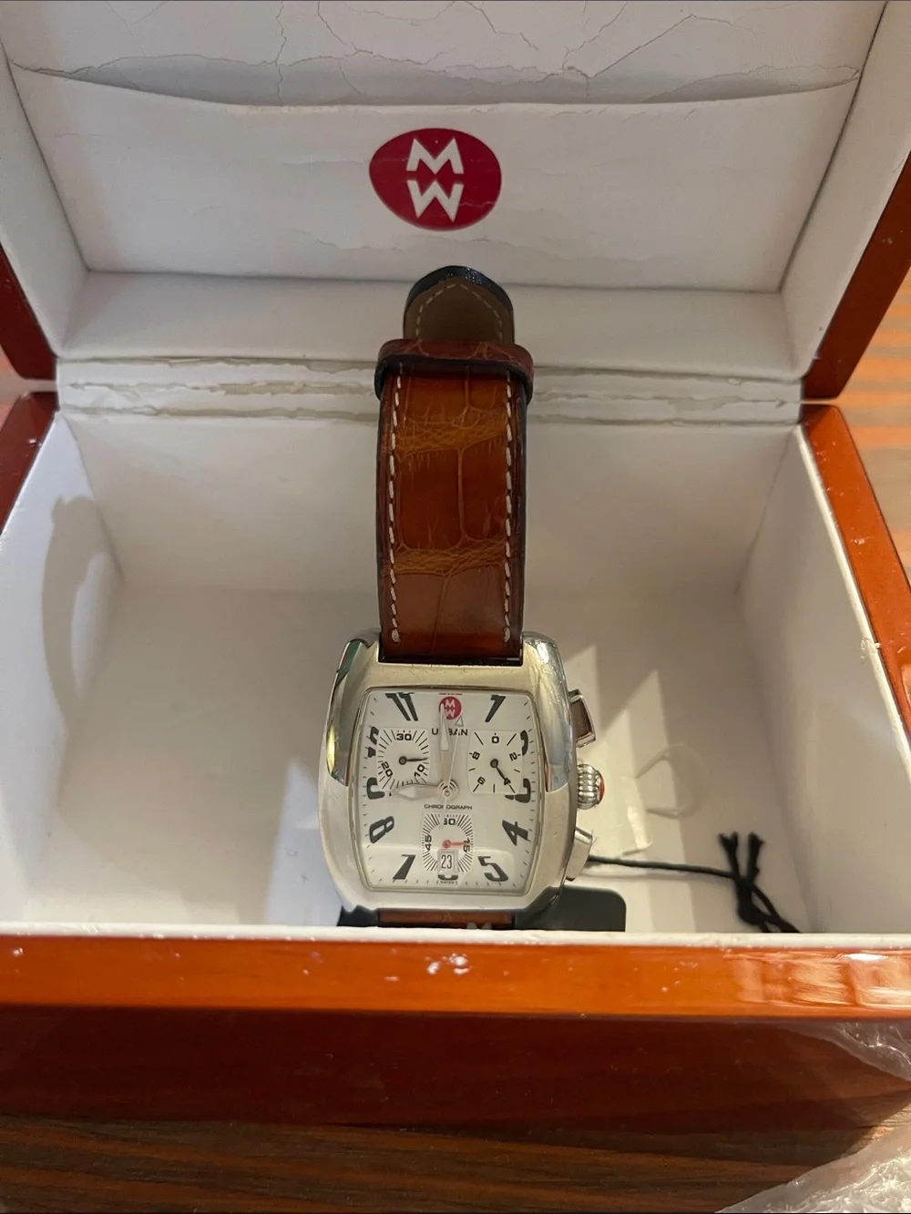 NWT Michele Urban Chronograph Brown Leather Strap Stainless Watch with White Dia